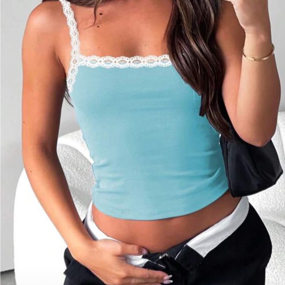 Women's Blue Lace Trim Cami Top